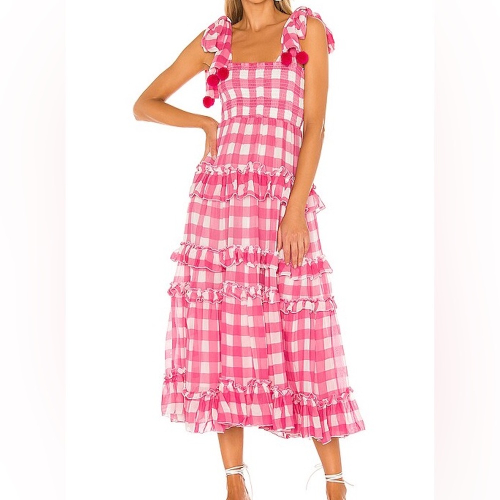 Pink gingham pompom midi dress - size XS/S
